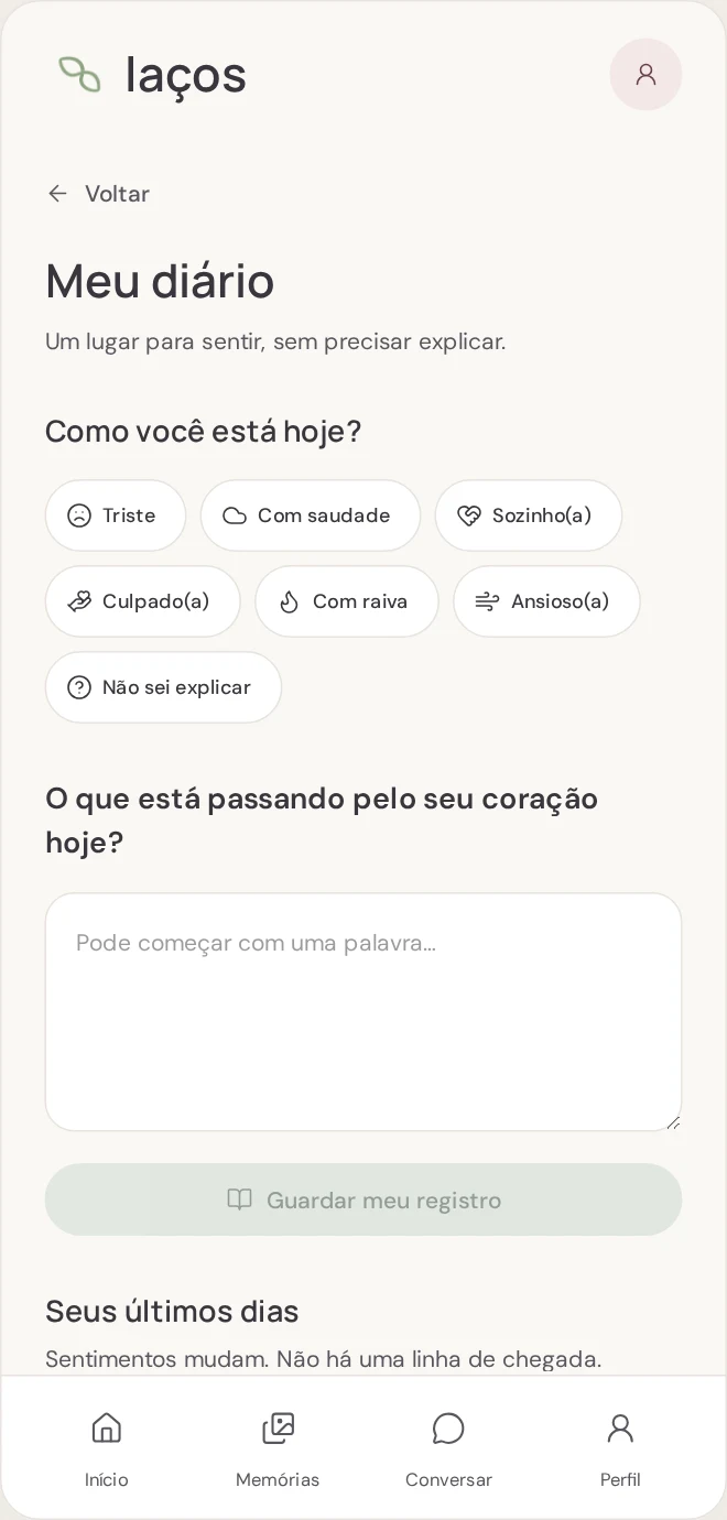 Tela real do Meu Diário: espaço de escrita e seleção de sentimentos.