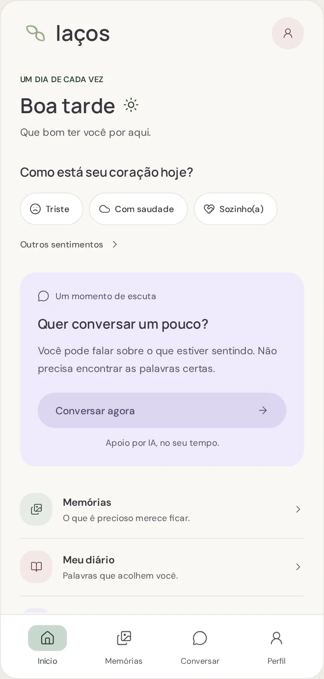 Tela real de início do Laços, com check-in emocional e atalhos de acolhimento.