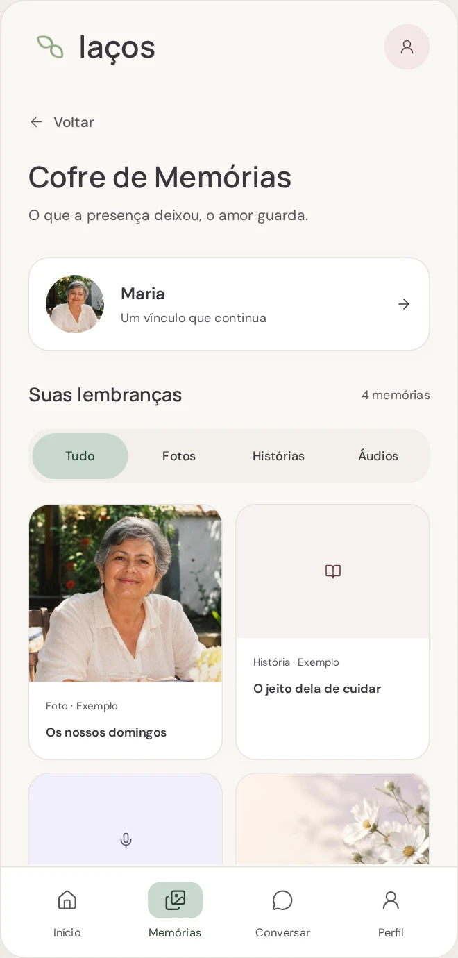Tela real do Cofre de Memórias com fotografias e histórias de demonstração.